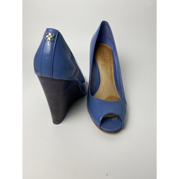 Coach Shoes - Coach Women’s Blue Patent Open Toe Wedge Heels 8 B